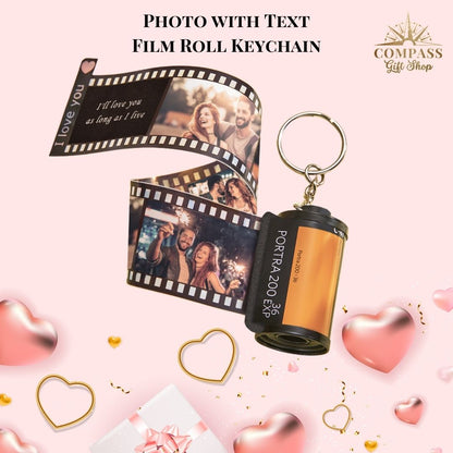 Custom Couples Heart Vintage Film Roll Memory Keychain with Text or Spotify Song Code