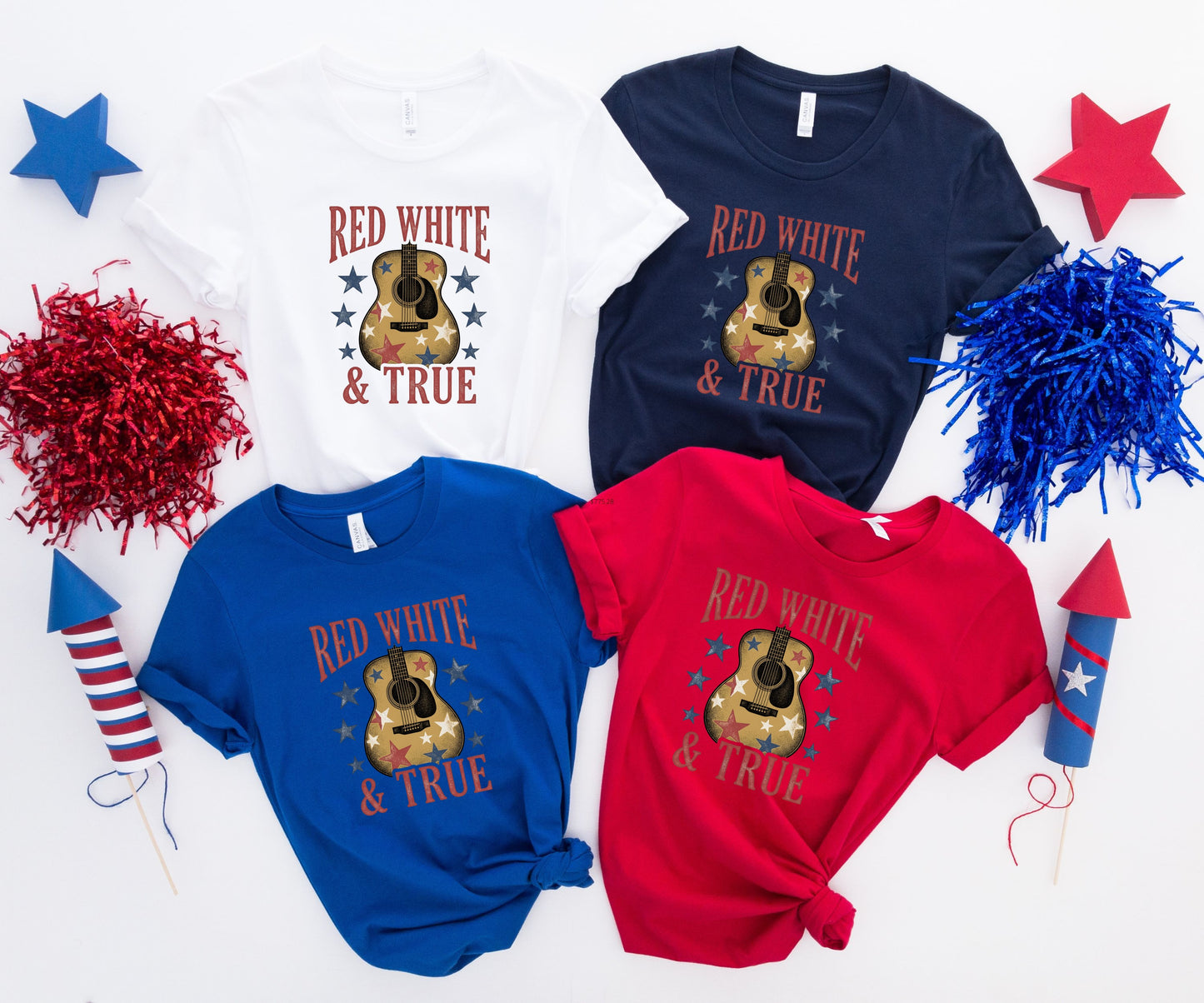 Four t-shirts display "RED WHITE & TRUE" with a guitar graphic.