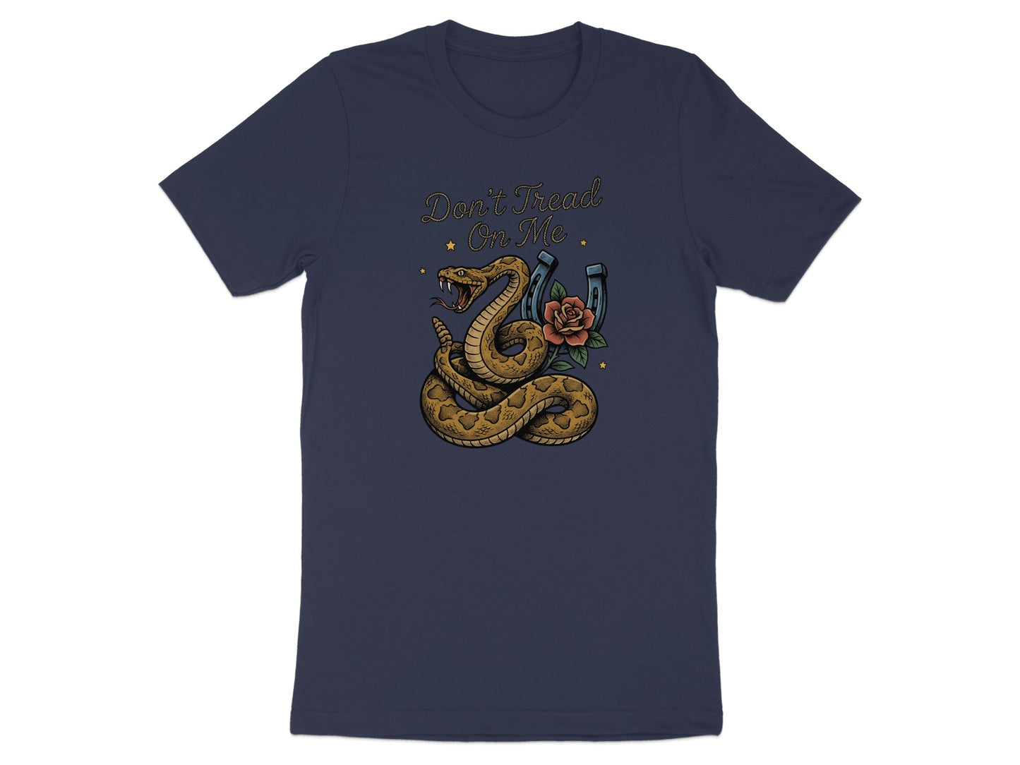 Dark blue t-shirt with a coiled snake, rose, horseshoe, and "Don't Tread On Me" text.
