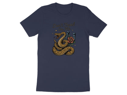 Dark blue t-shirt with a coiled snake, rose, horseshoe, and "Don't Tread On Me" text.