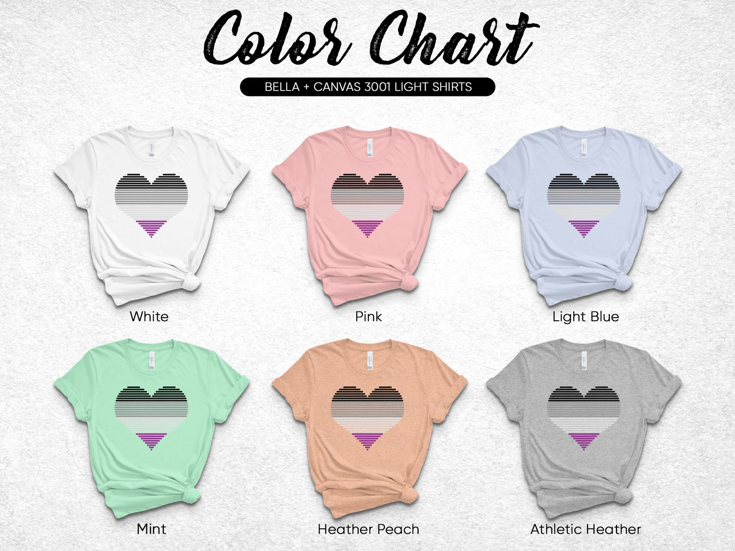 Color chart of Bella + Canvas 3001 light shirts in six colors.