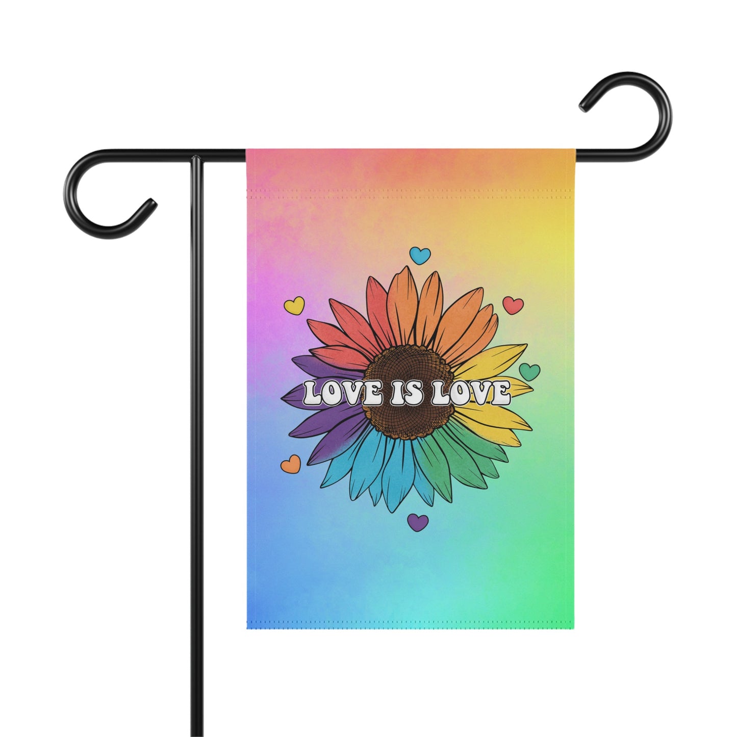 Sunflower with rainbow petals and hearts, reads "LOVE IS LOVE".