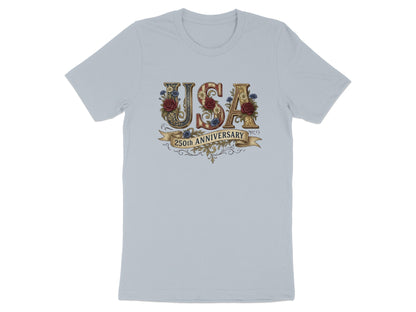 Light blue t-shirt with "USA 250th Anniversary" text featuring floral accents.