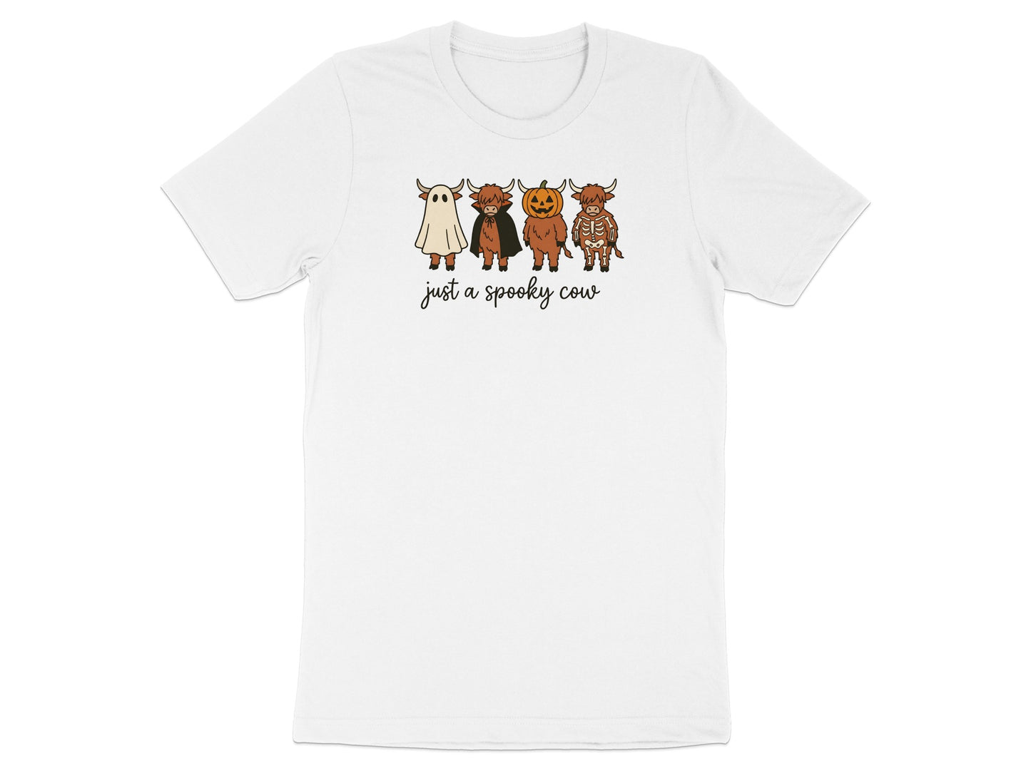 White t-shirt with four Highland cows in Halloween costumes and text "just a spooky cow".