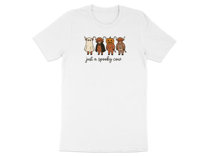 White t-shirt with four Highland cows in Halloween costumes and text "just a spooky cow".