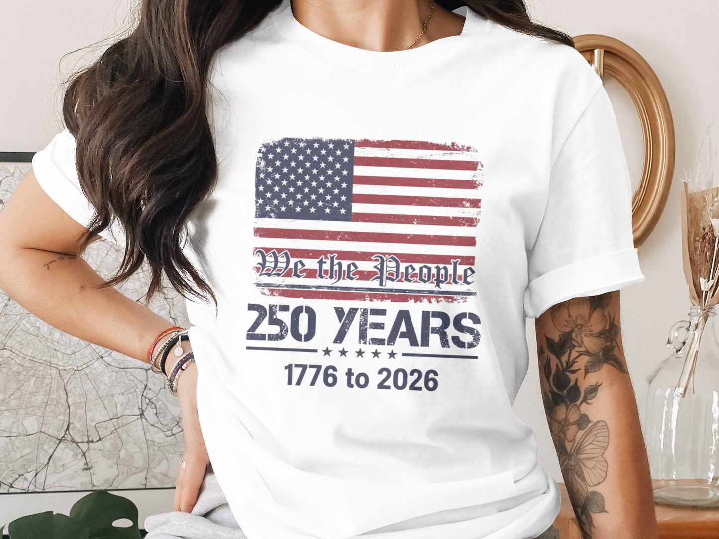 White t-shirt with US flag and "We the People 250 Years 1776 to 2026".