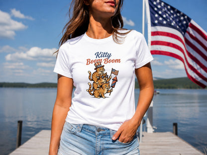 White t-shirt with "Kitty Boom Boom" and cats holding fireworks.