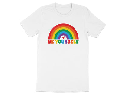 White t-shirt with a rainbow and "BE YOURSELF" text.