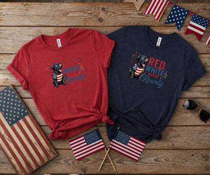 Red, white, and rowdy t-shirts with American flag and dog graphic.
