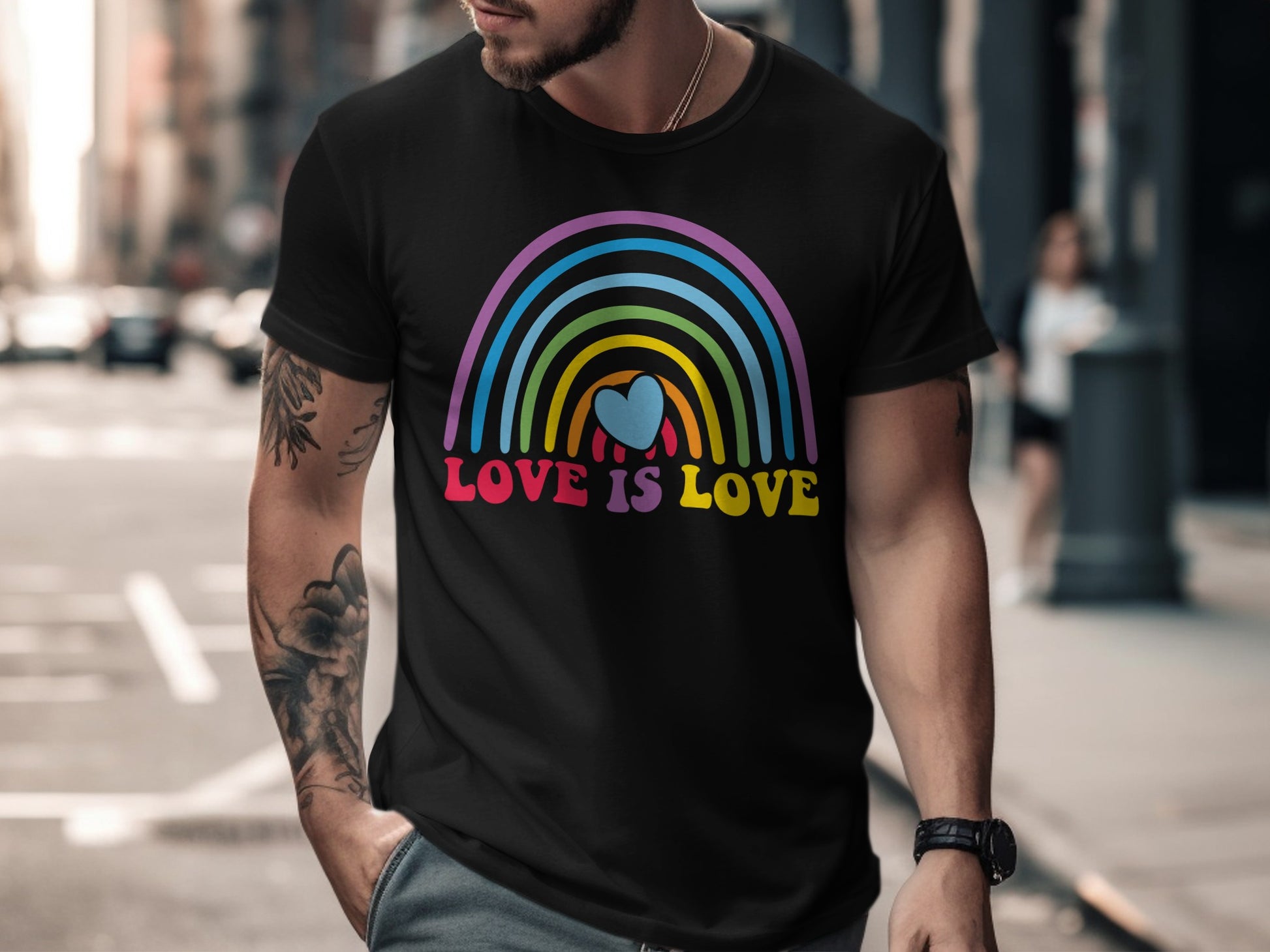 Black t-shirt with rainbow and "Love is Love" heart design.