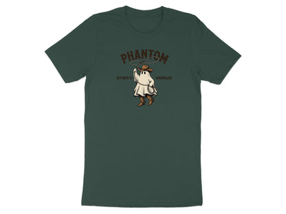 Green t-shirt with a ghost wearing a cowboy hat and boots, holding a lasso. "Phantom Wrangler October 31" text.