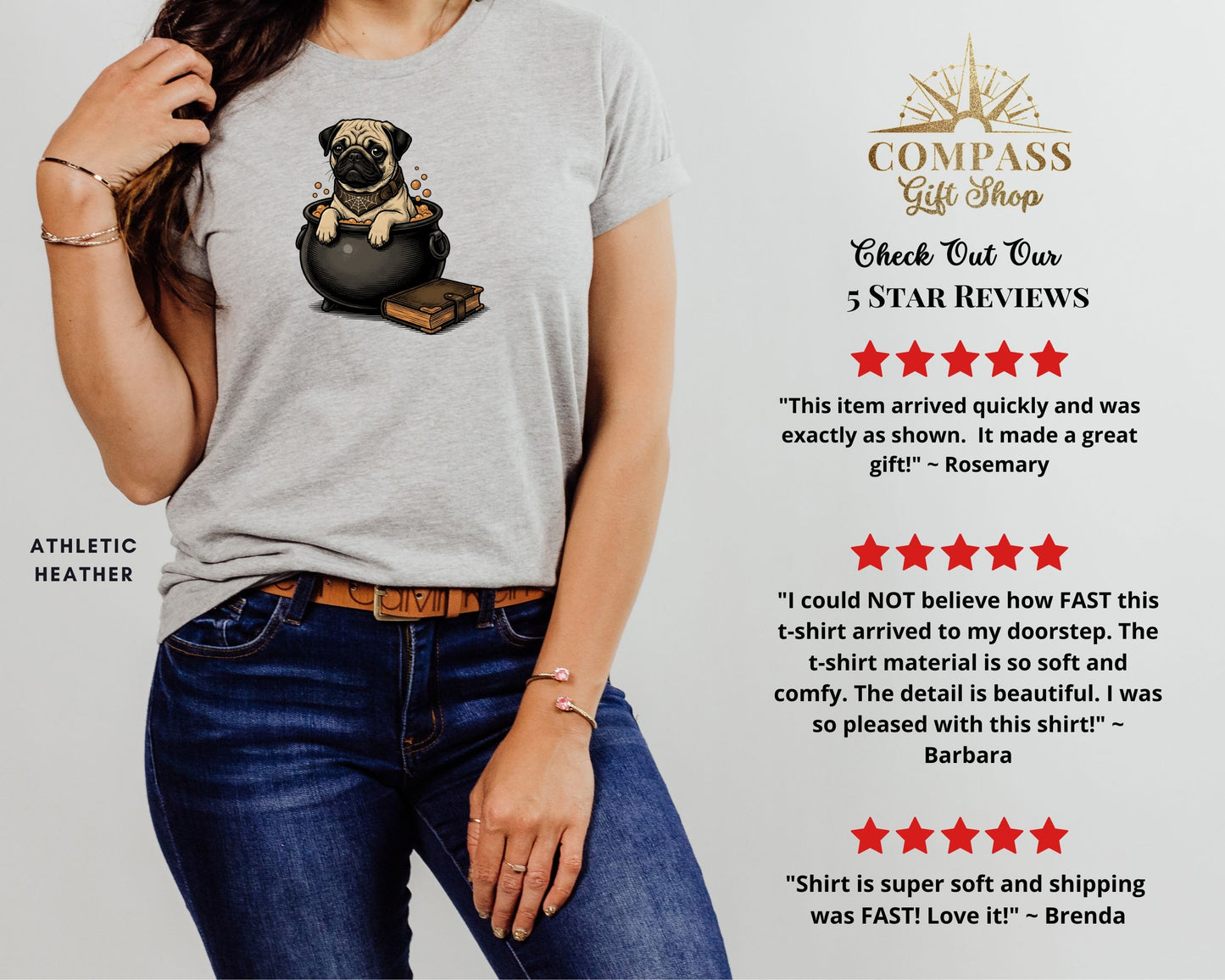 Grey t-shirt with a pug in a cauldron graphic. Athletic heather.