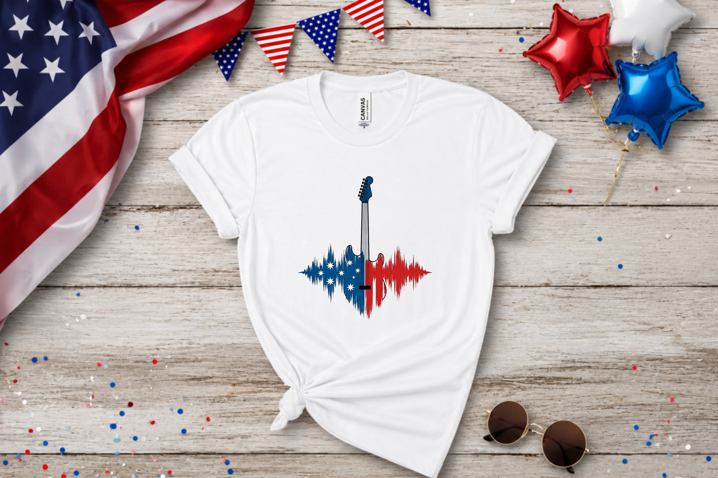 White t-shirt with a red, white, and blue guitar soundwave graphic.