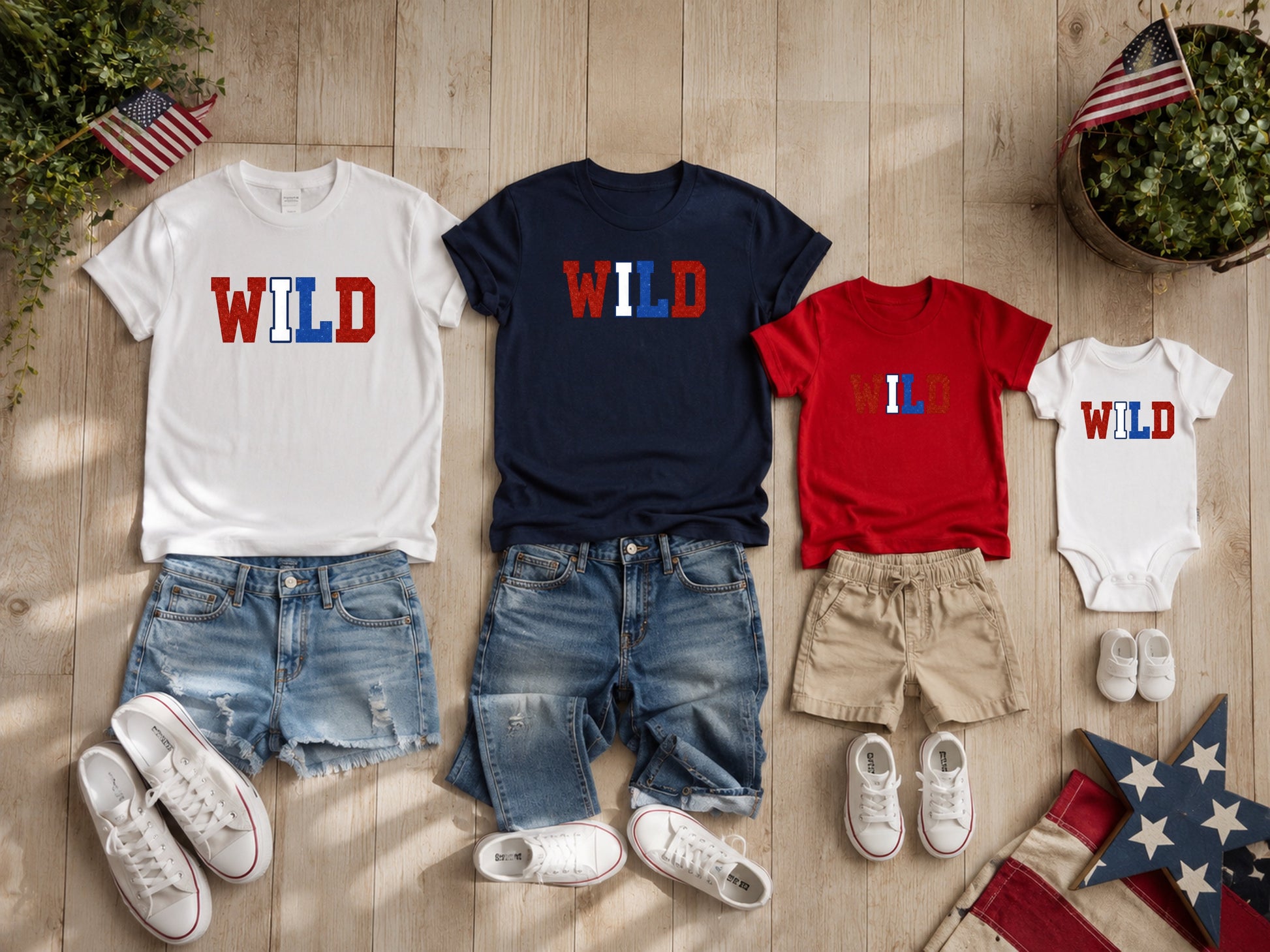 Family t-shirts and denim shorts with "WILD" in patriotic colors.