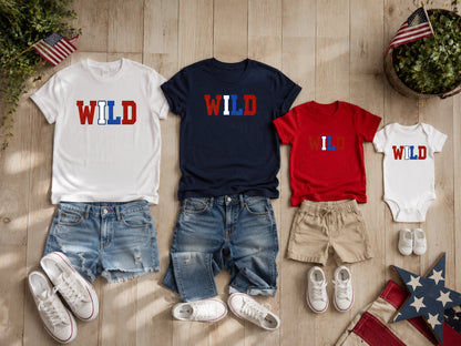 Family t-shirts and denim shorts with "WILD" in patriotic colors.