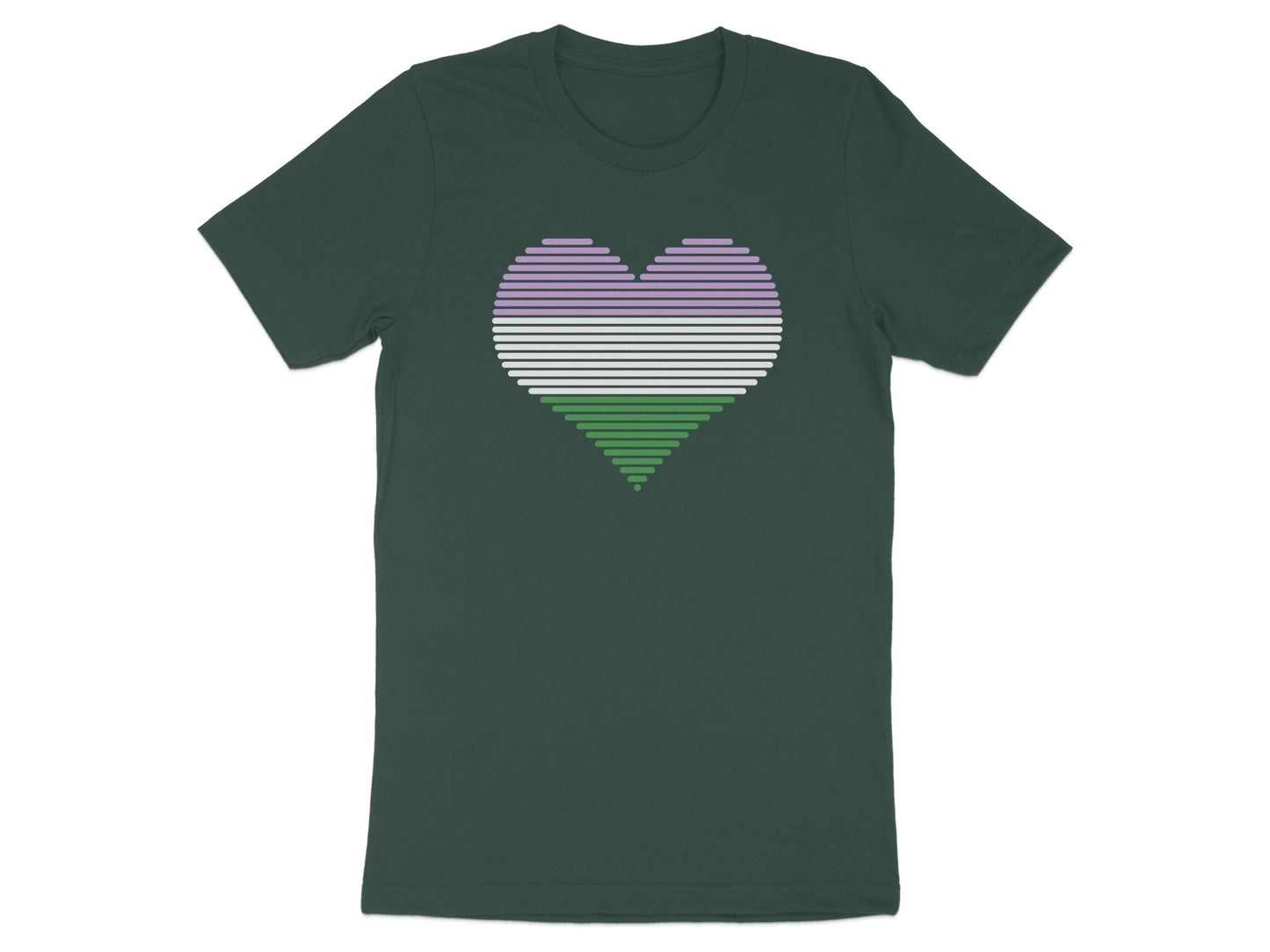 Green t-shirt with a horizontal striped heart in lavender, pink, and green.