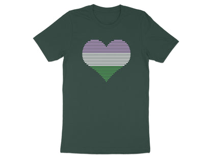 Green t-shirt with a horizontal striped heart in lavender, pink, and green.
