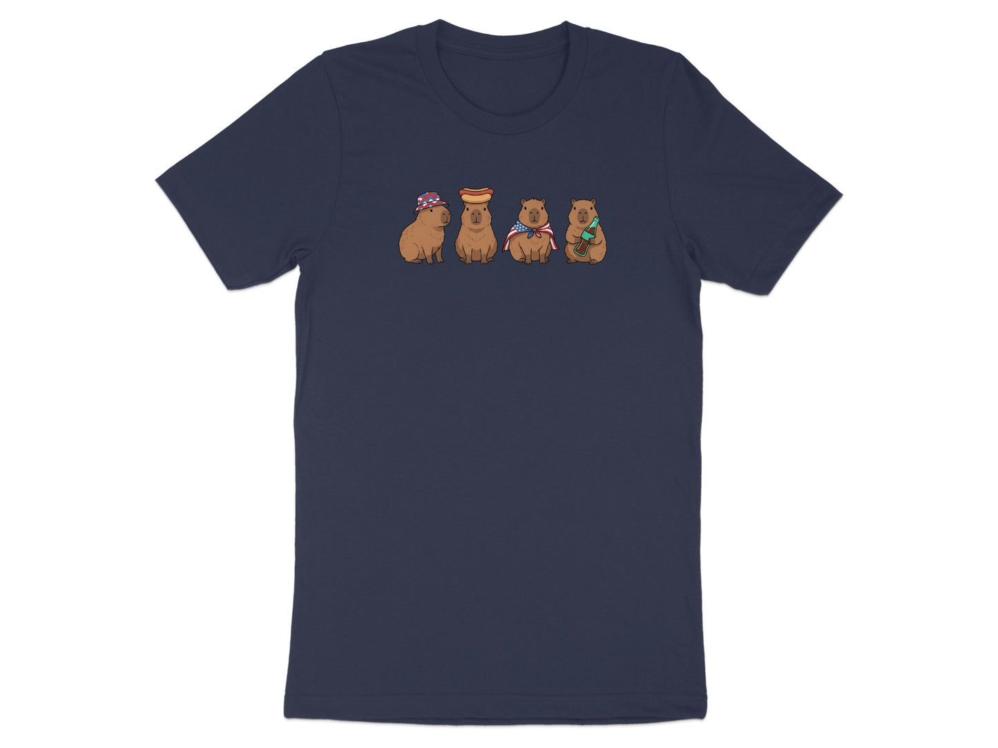 Four capybaras wearing hats and holding items on a navy t-shirt.