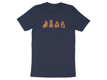 Four capybaras wearing hats and holding items on a navy t-shirt.