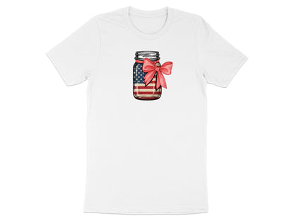 Jar with American flag design and red bow on white t-shirt.