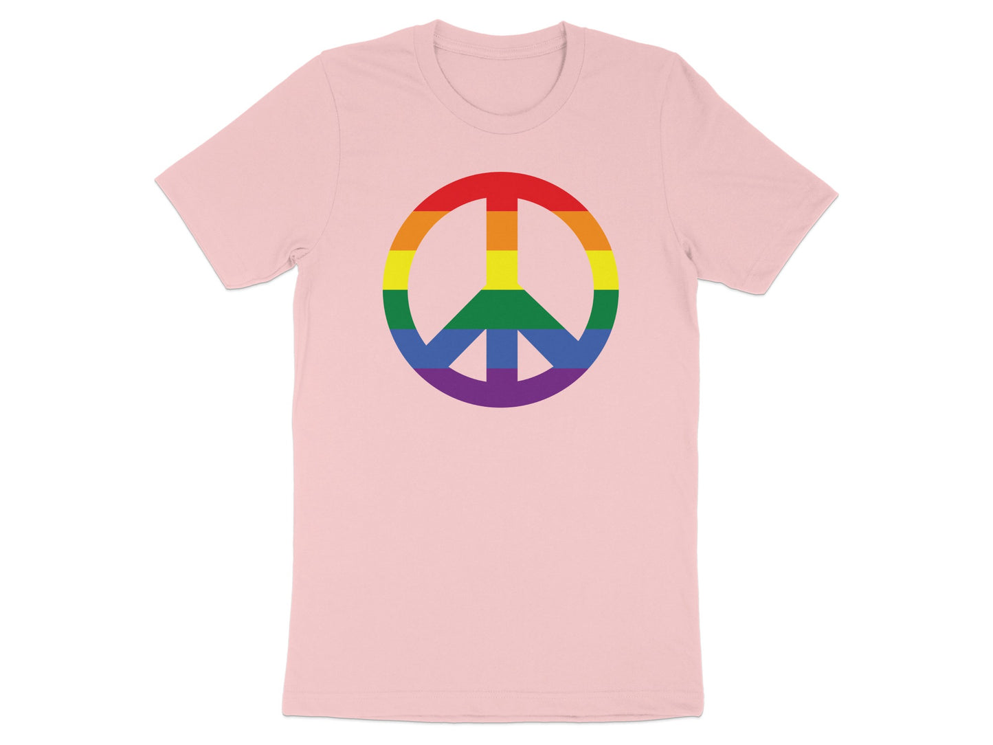 Pink t-shirt with a rainbow peace symbol.