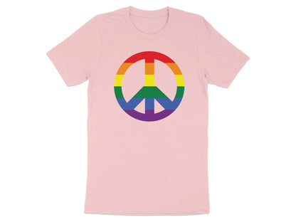 Pink t-shirt with a rainbow peace symbol.