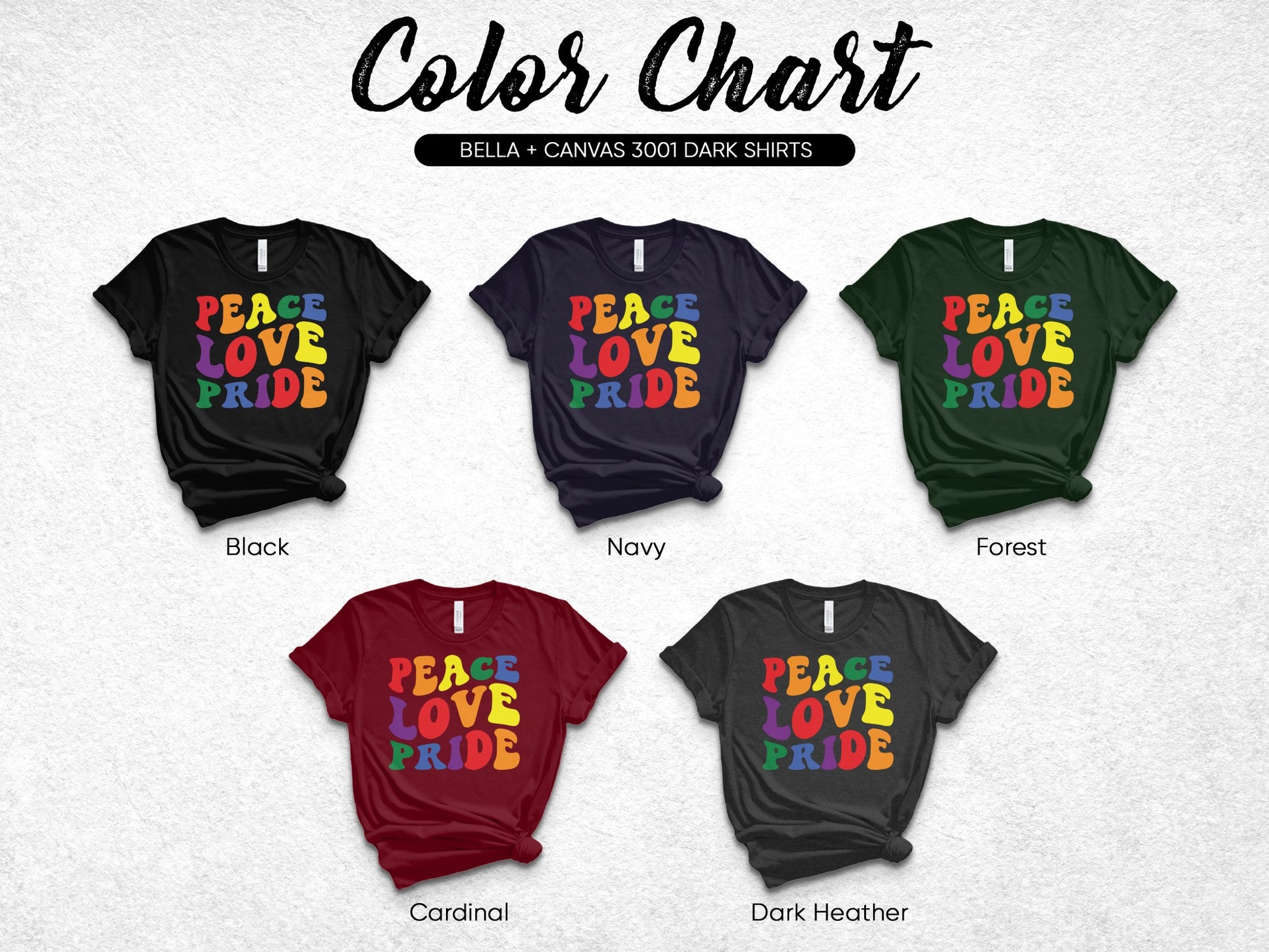 Bella + Canvas 3001 dark shirts in black, navy, forest, cardinal, and dark heather.