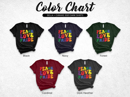 Bella + Canvas 3001 dark shirts in black, navy, forest, cardinal, and dark heather.