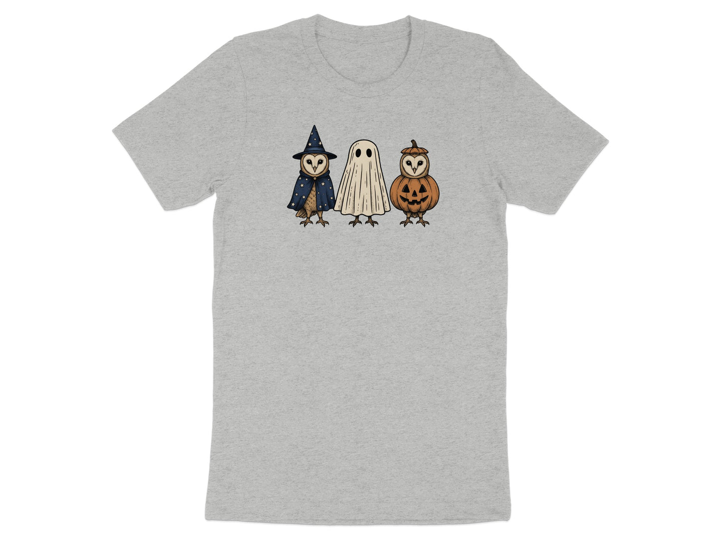 Three cartoon owls dressed as a wizard, ghost, and jack-o'-lantern.