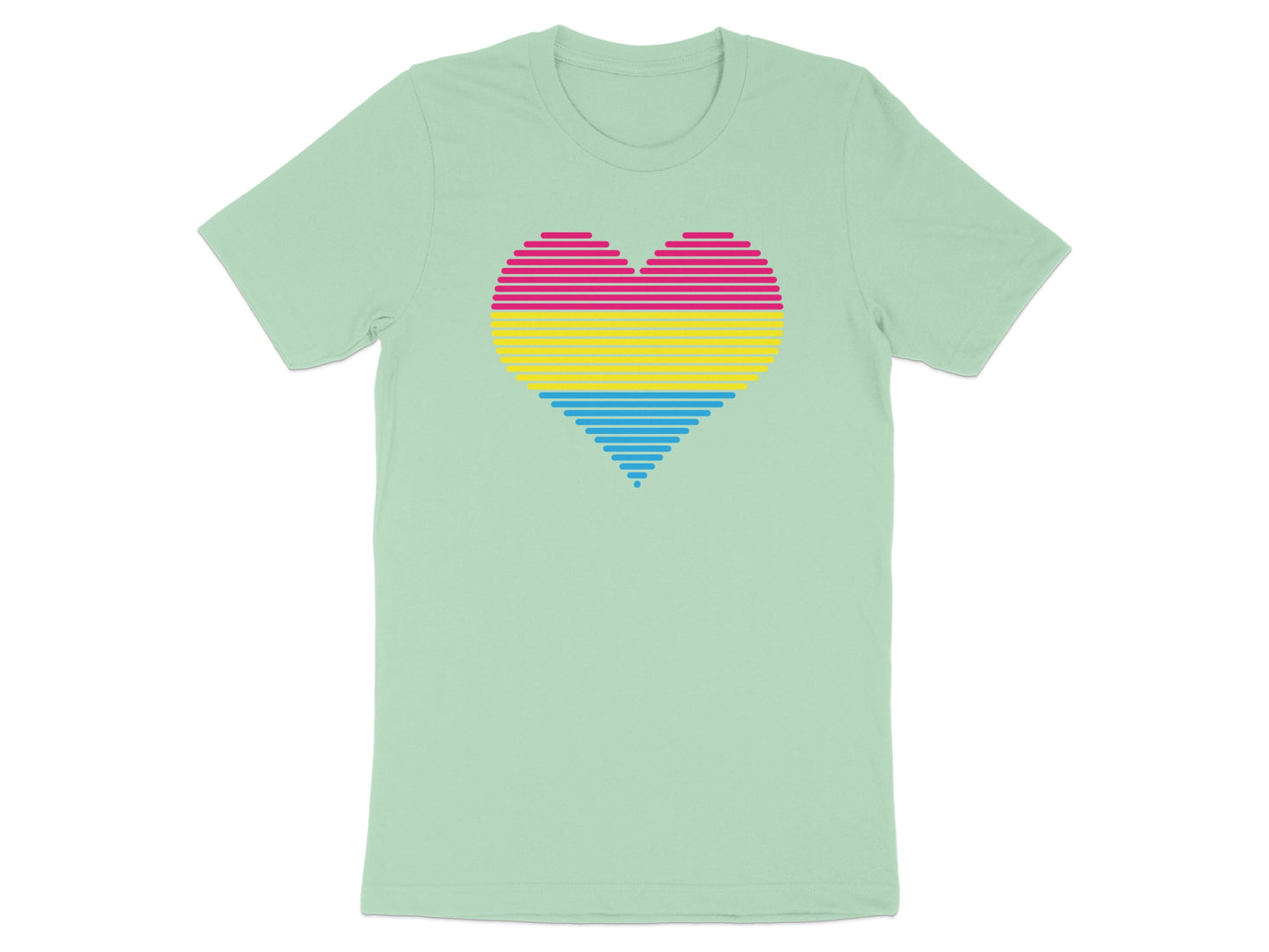 Mint green t-shirt with a horizontally striped heart in pink, yellow, and blue.