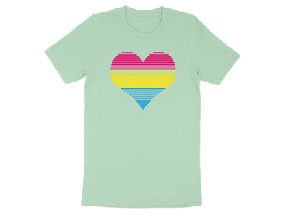 Mint green t-shirt with a horizontally striped heart in pink, yellow, and blue.