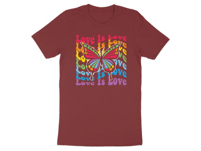 Maroon t-shirt with colorful butterfly and "Love Is Love" text.
