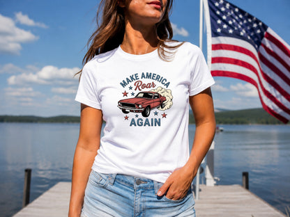 White t-shirt with "Make America Roar Again" and a red Mustang.