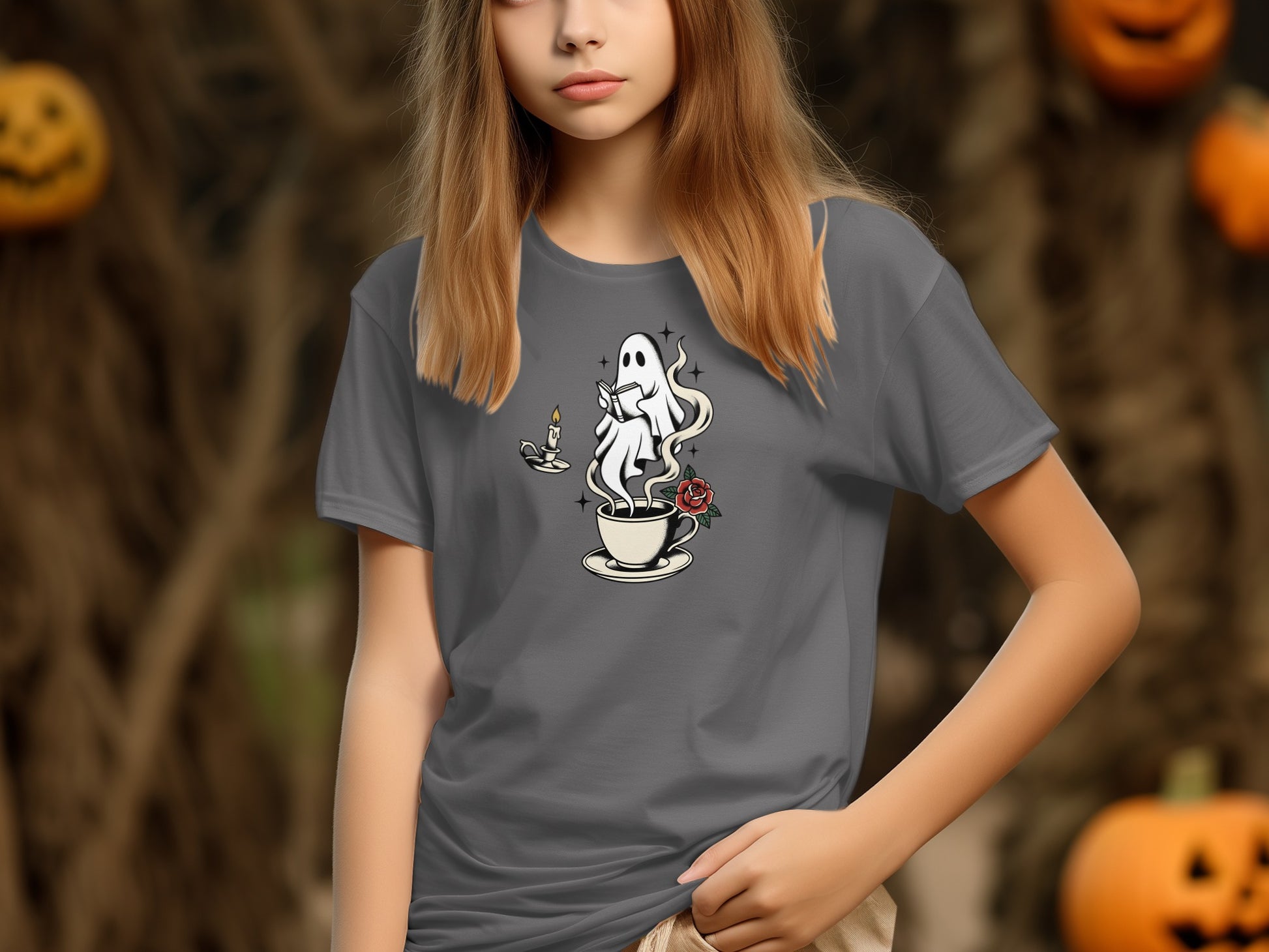 Ghost reading book by candlelight in a coffee cup with a rose.