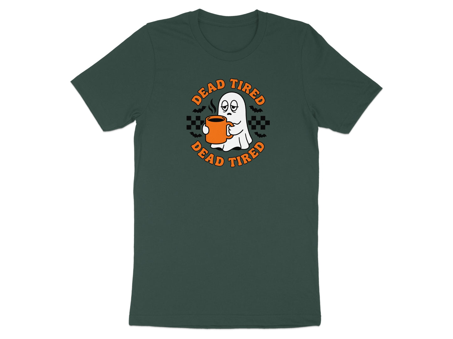 Green t-shirt with ghost holding coffee and "Dead Tired" text.