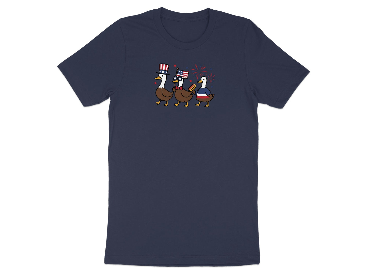 Three cartoon ducks in patriotic hats and USA flag vests marching with fireworks.