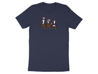 Three cartoon ducks in patriotic hats and USA flag vests marching with fireworks.