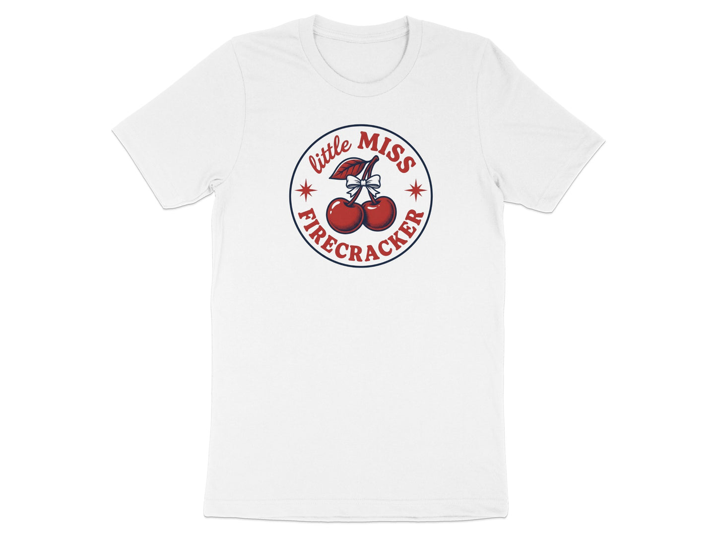 White t-shirt with "Little Miss Firecracker" text and cherry graphic.