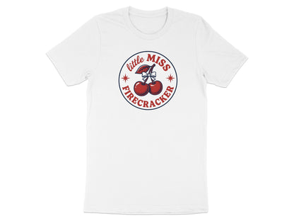 White t-shirt with "Little Miss Firecracker" text and cherry graphic.