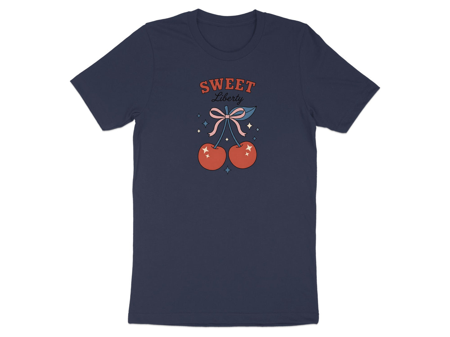 Navy t-shirt with "Sweet Liberty" text and cartoon cherries.