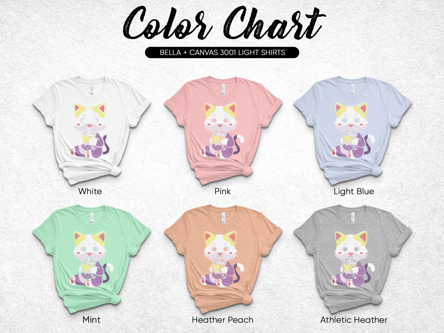 Color chart for Bella + Canvas 3001 light shirts, showing six color options.