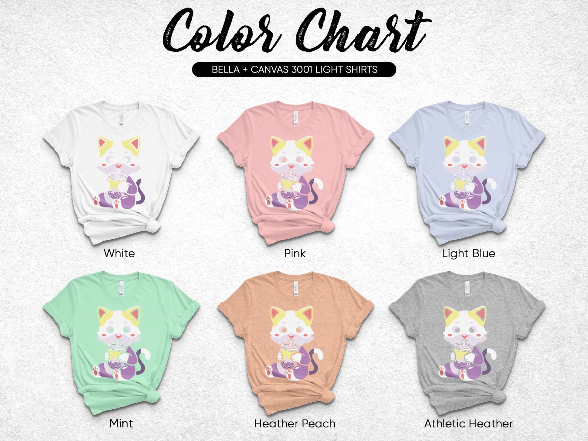 Color chart for Bella + Canvas 3001 light shirts, showing six color options.