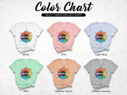 Six t-shirts in a color chart, each with "LOVE IS LOVE" sunflower graphic.