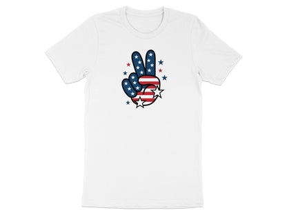 White t-shirt with a patriotic peace sign featuring red, white, and blue stars and stripes.
