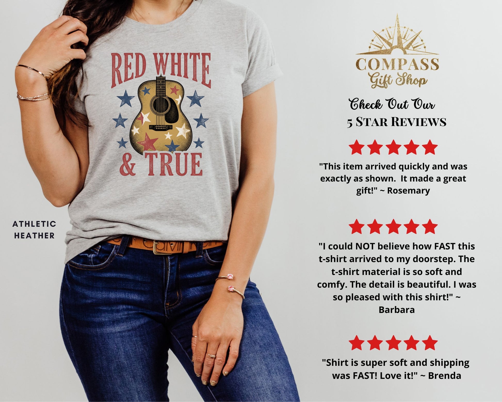 Grey heather t-shirt with red, white, and blue graphic and star reviews.