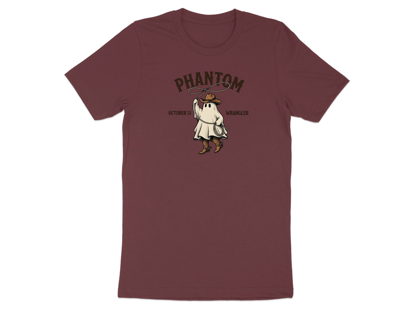 Maroon t-shirt featuring a ghost cowboy with lasso and text "Phantom October 31 Wrangler".