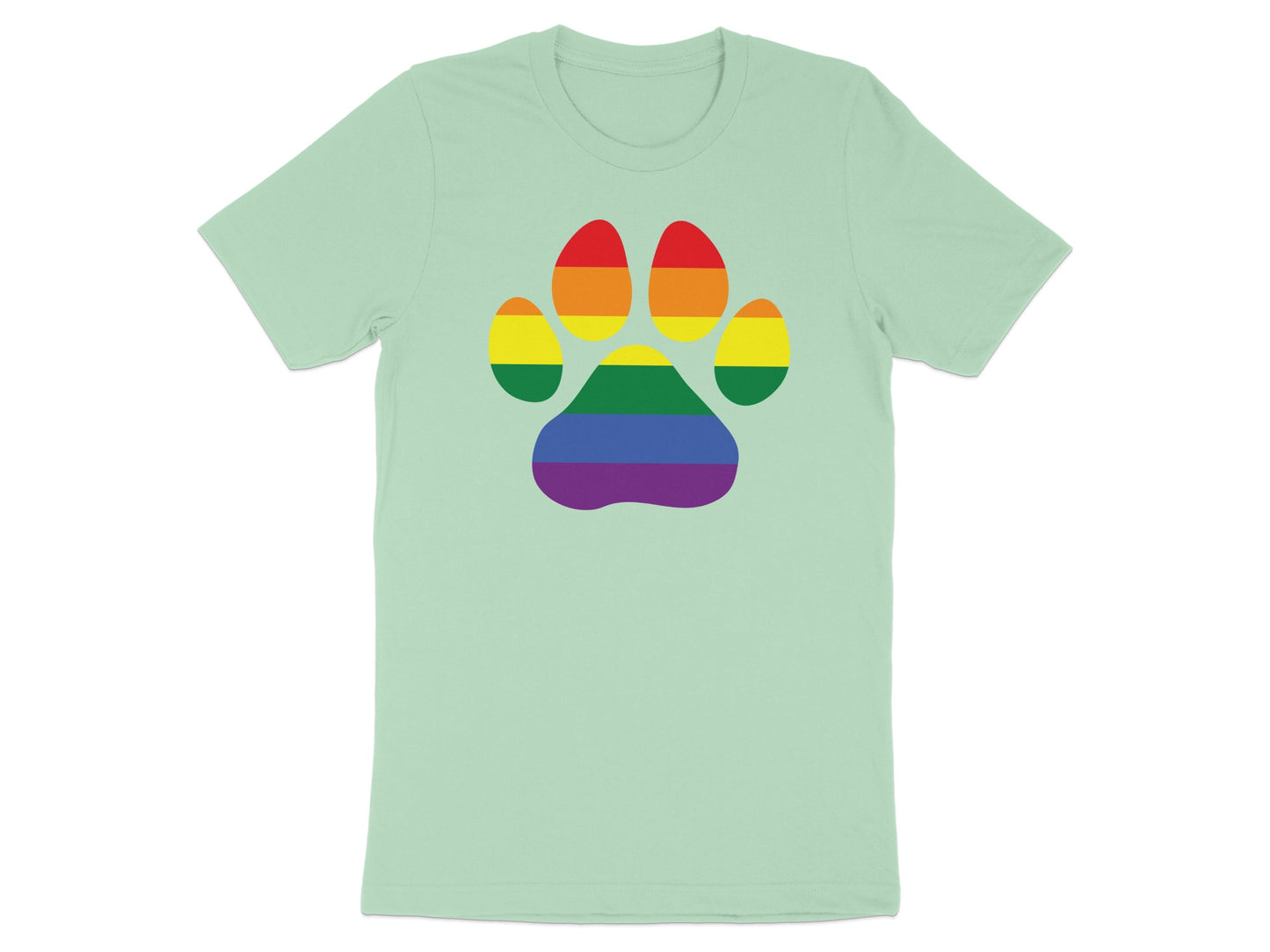 Rainbow paw print graphic on a light green t-shirt.