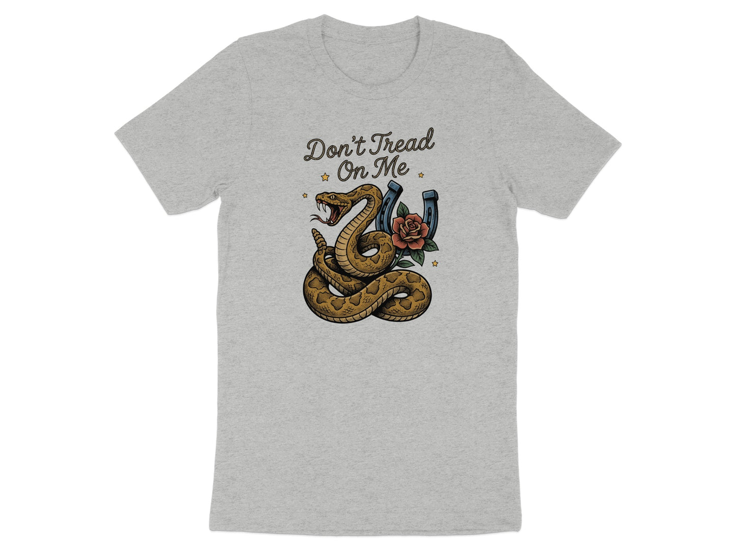 Grey t-shirt with coiled snake, horseshoe, rose, and "Don't Tread On Me".