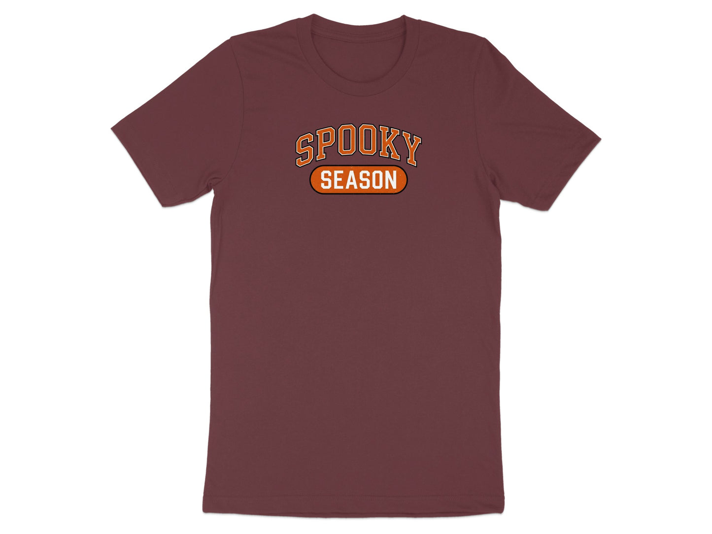 Maroon t-shirt with "SPOOKY SEASON" text design.