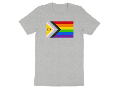 Grey t-shirt with the Progress Pride flag displayed prominently on the chest.